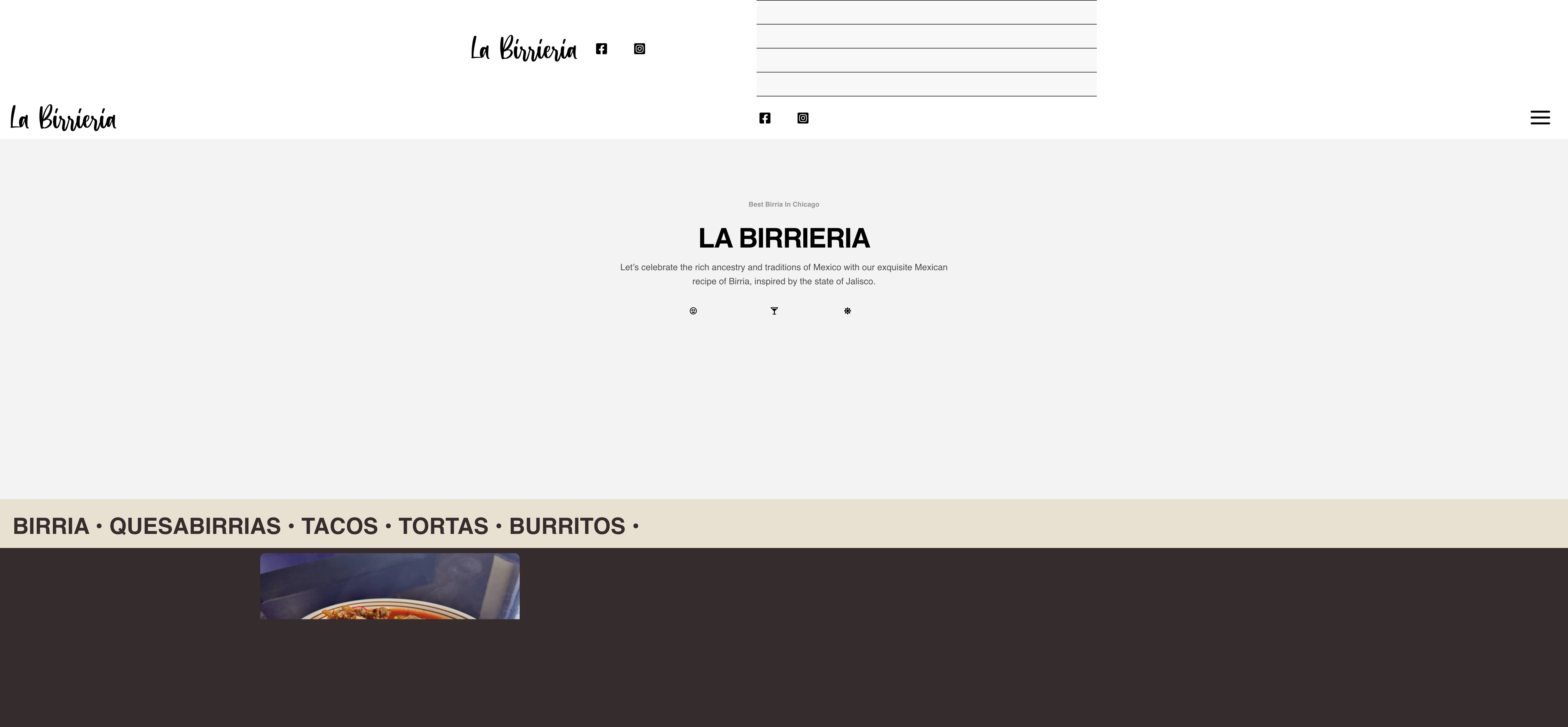 Homepage screenshot of the La Birrieria Restaurant website, built by Web Pro Chicago