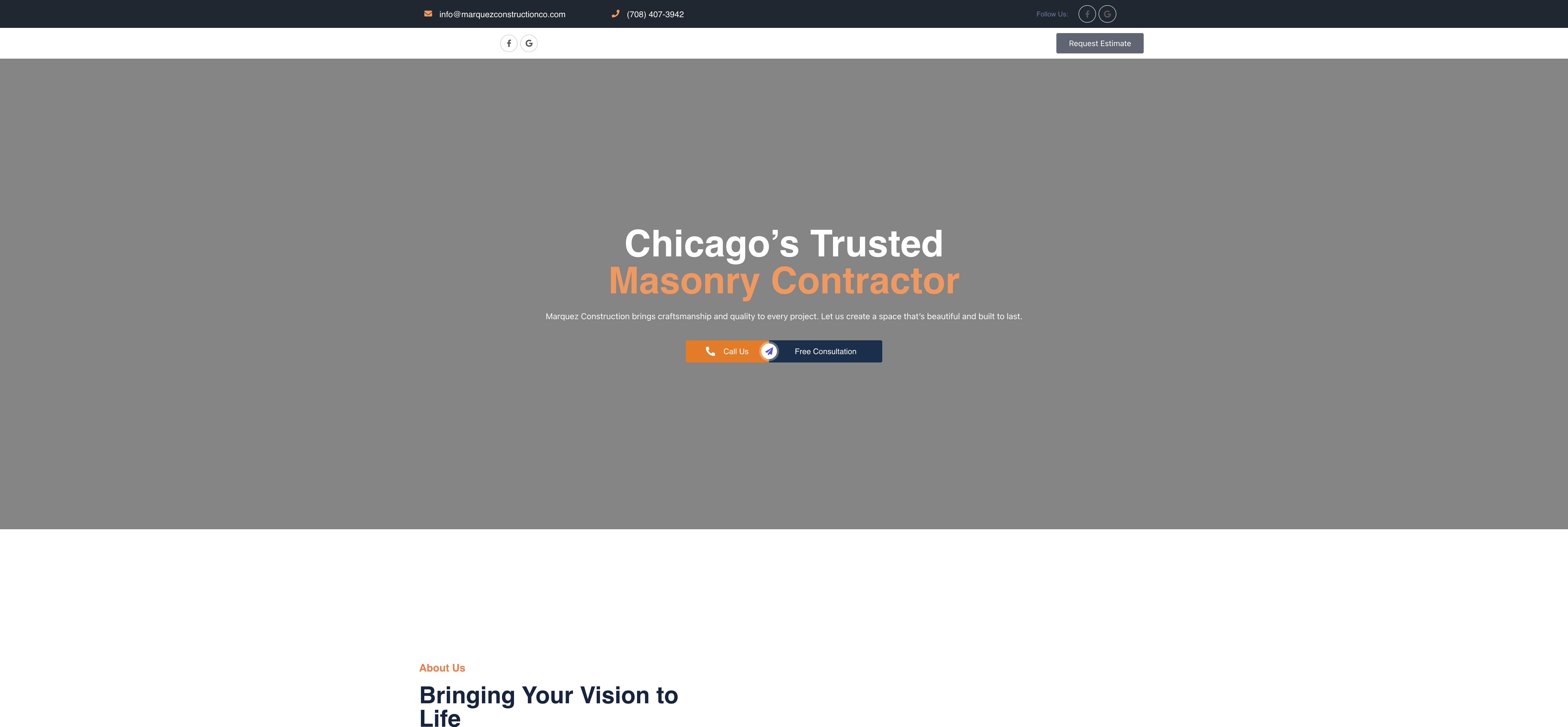 Captura de la página principal del sitio de Marquez Construction Co, construido por Web Pro Chicago
