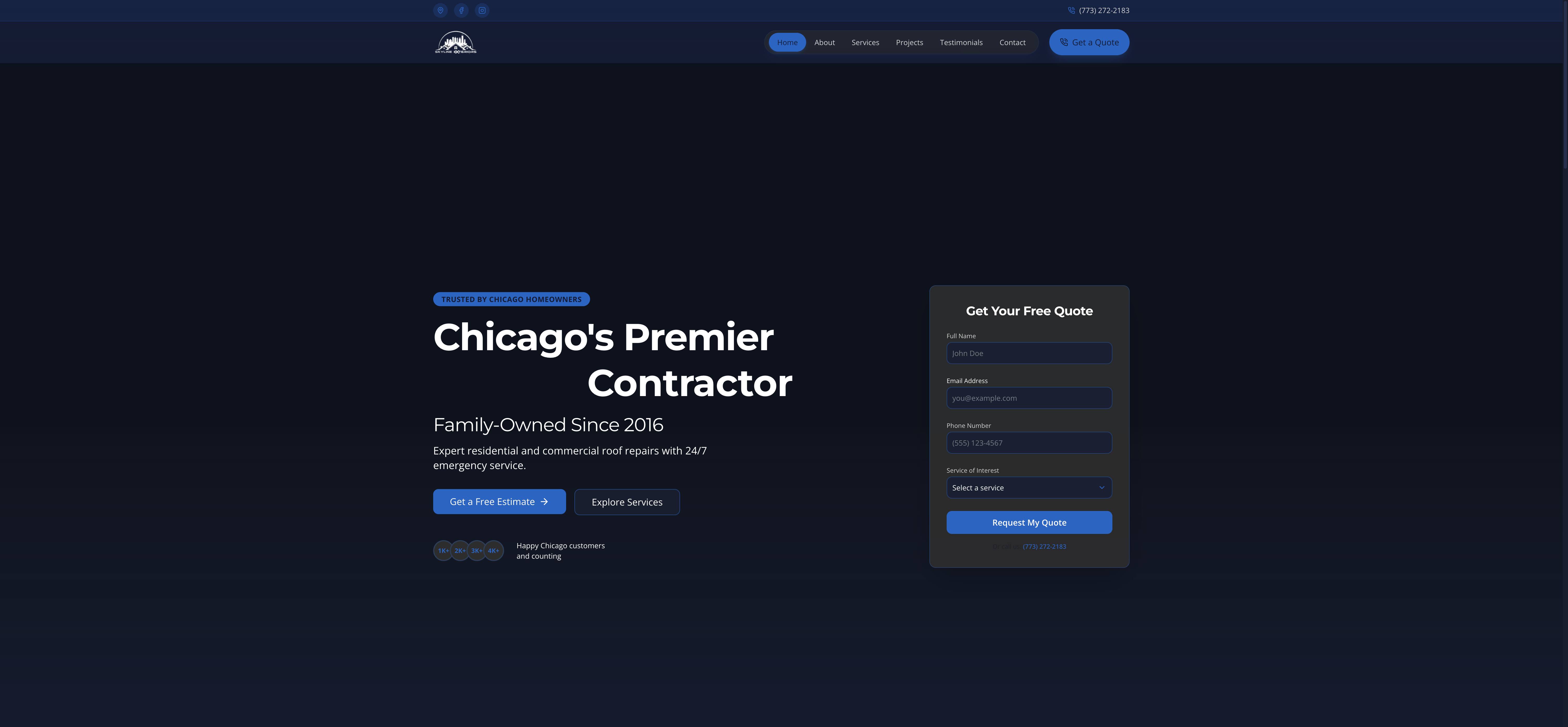 Homepage screenshot of the Skyline Exteriors Corp website, built by Web Pro Chicago