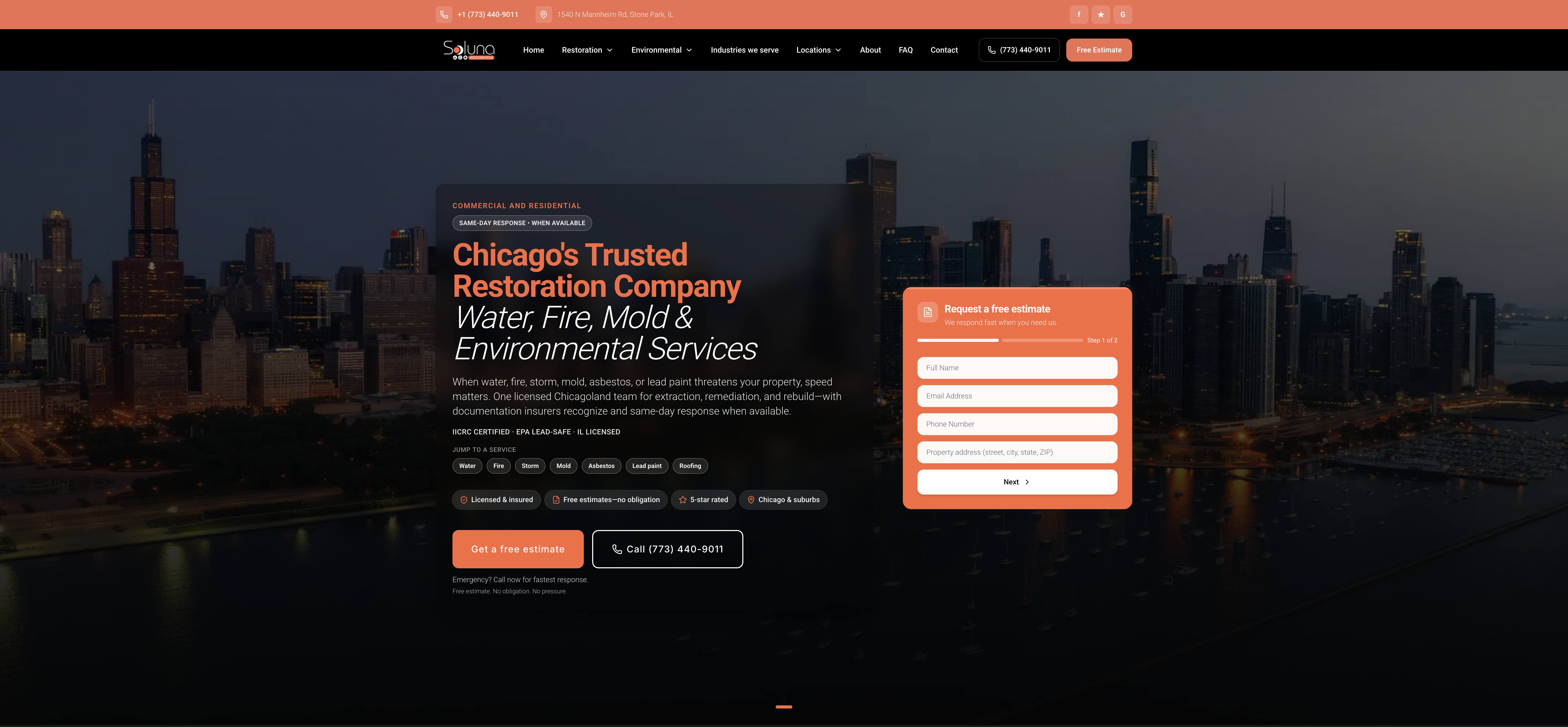 Homepage screenshot of the Soluna Restoration website, built by Web Pro Chicago